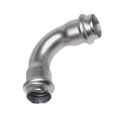 Nirosan press bøjning 76 mm. 90°  muffe-muffe. Rustfrit/Syrefast stål. M-bakke