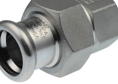 VSH XPress rustfri press union med muffe 18 mm x 1/2" M-bakke