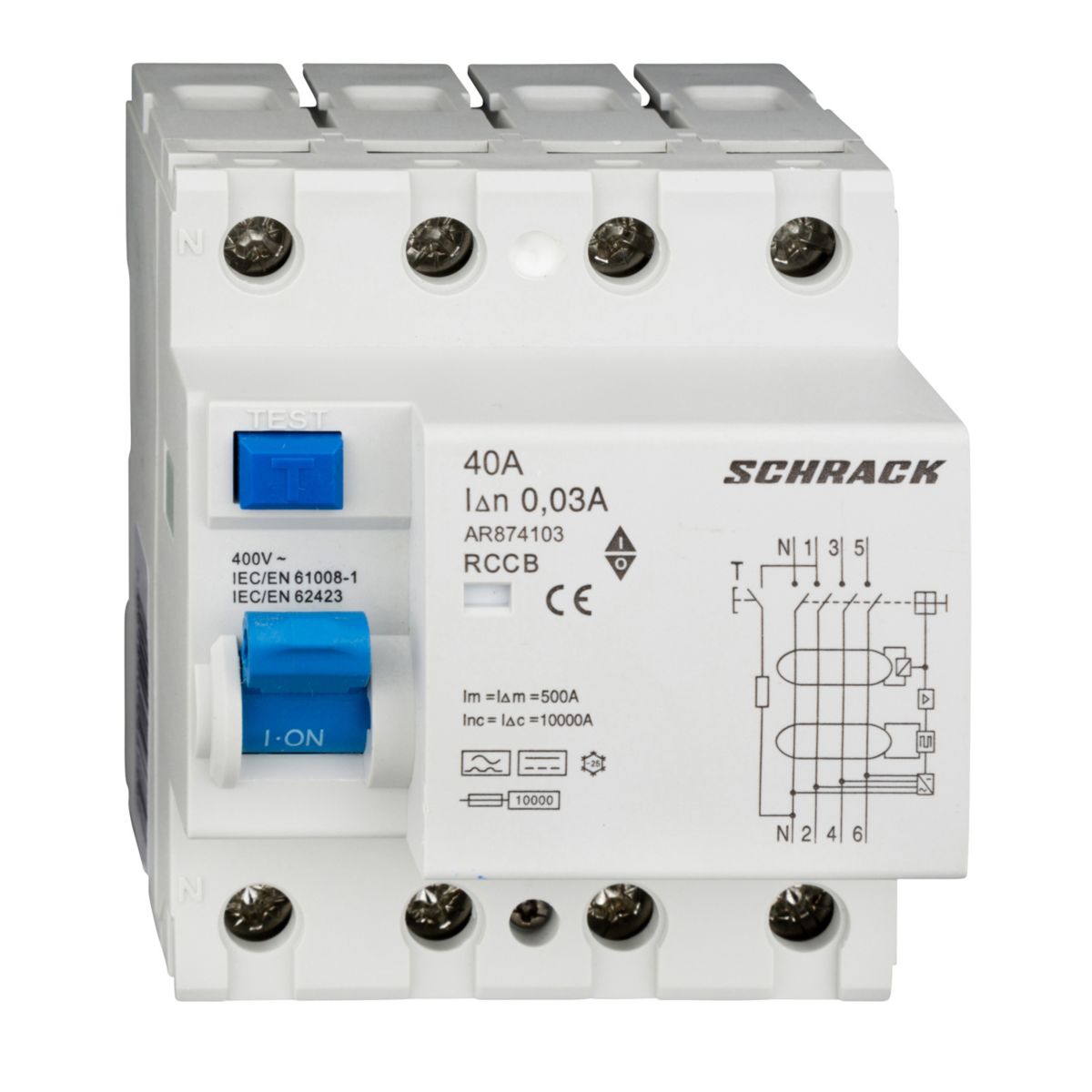 Schrack HPFI relæ AC/DC 4P 40 A, 30 mA, 10 kA, Type B - Brødrene Dahl